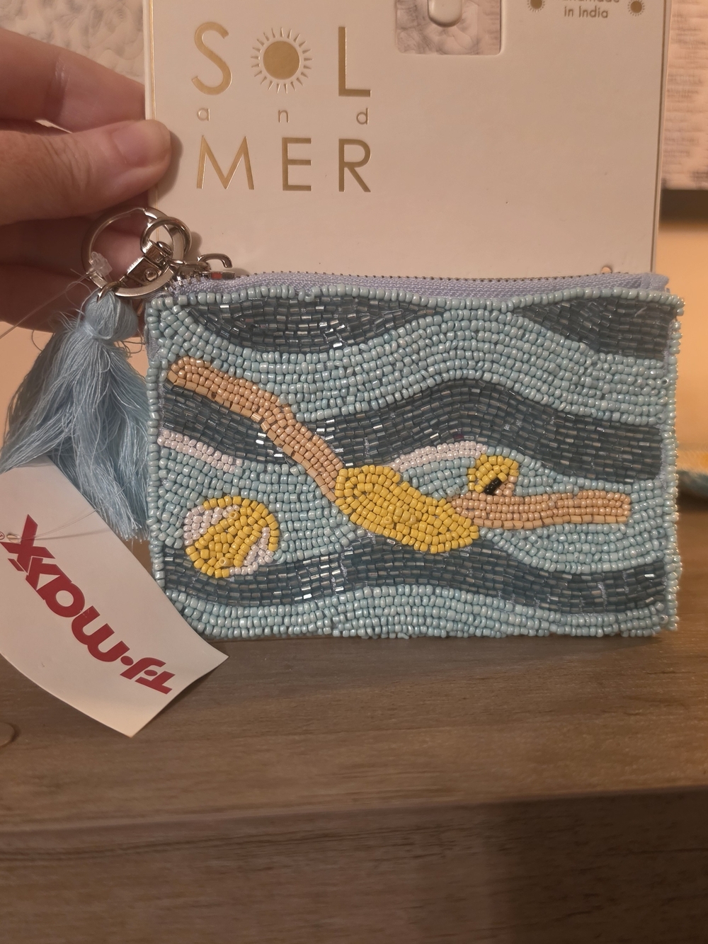 SOL and MER Light Blue Beaded Coin Pouch with Yellow Swimmer Motif